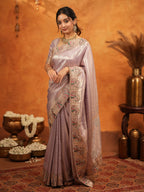 Mauve Pink Banarasi Silk Embroidered Saree with Paisley Border & Zari Weaving | Heavy Embroidered Blouse with Tassels | Wedding & Festive Wear Saree