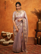 Mauve Pink Banarasi Silk Embroidered Saree with Paisley Border & Zari Weaving | Heavy Embroidered Blouse with Tassels | Wedding & Festive Wear Saree