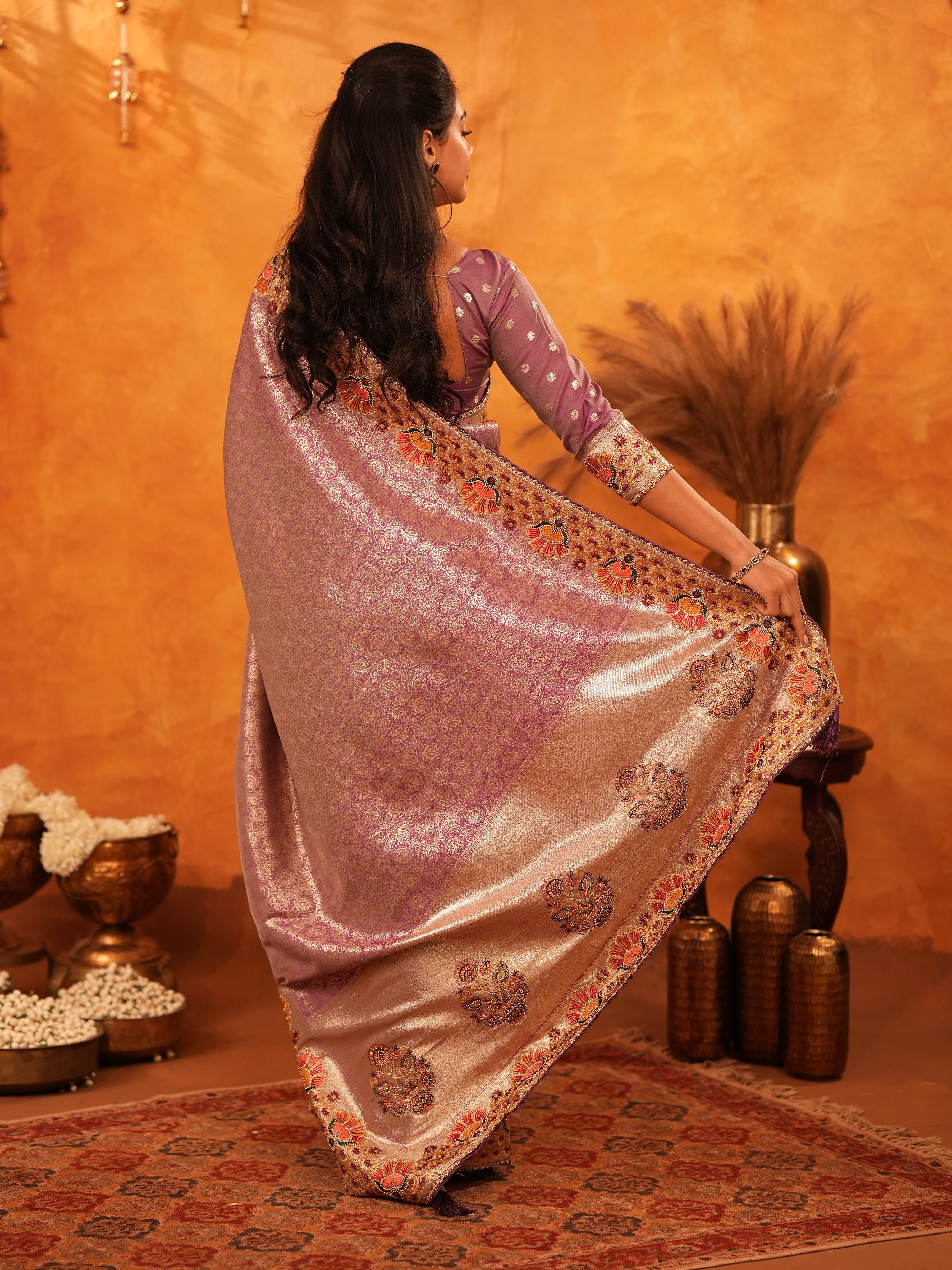 Lavender Purple Banarasi Silk Saree with Peacock Floral Embroidered Border & Zari Weaving | Premium Festive & Wedding Wear Designer Saree