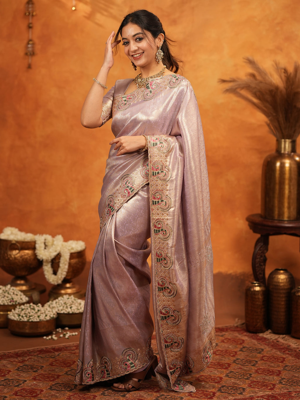 Mauve Pink Banarasi Silk Embroidered Saree with Paisley Border & Zari Weaving | Heavy Embroidered Blouse with Tassels | Wedding & Festive Wear Saree