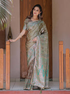 Elegant Olive Gold Banarasi Silk Saree with Intricate Paisley Zari Weaving & Tassel Detailing