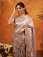 Mauve Pink Banarasi Silk Embroidered Saree with Paisley Border & Zari Weaving | Heavy Embroidered Blouse with Tassels | Wedding & Festive Wear Saree