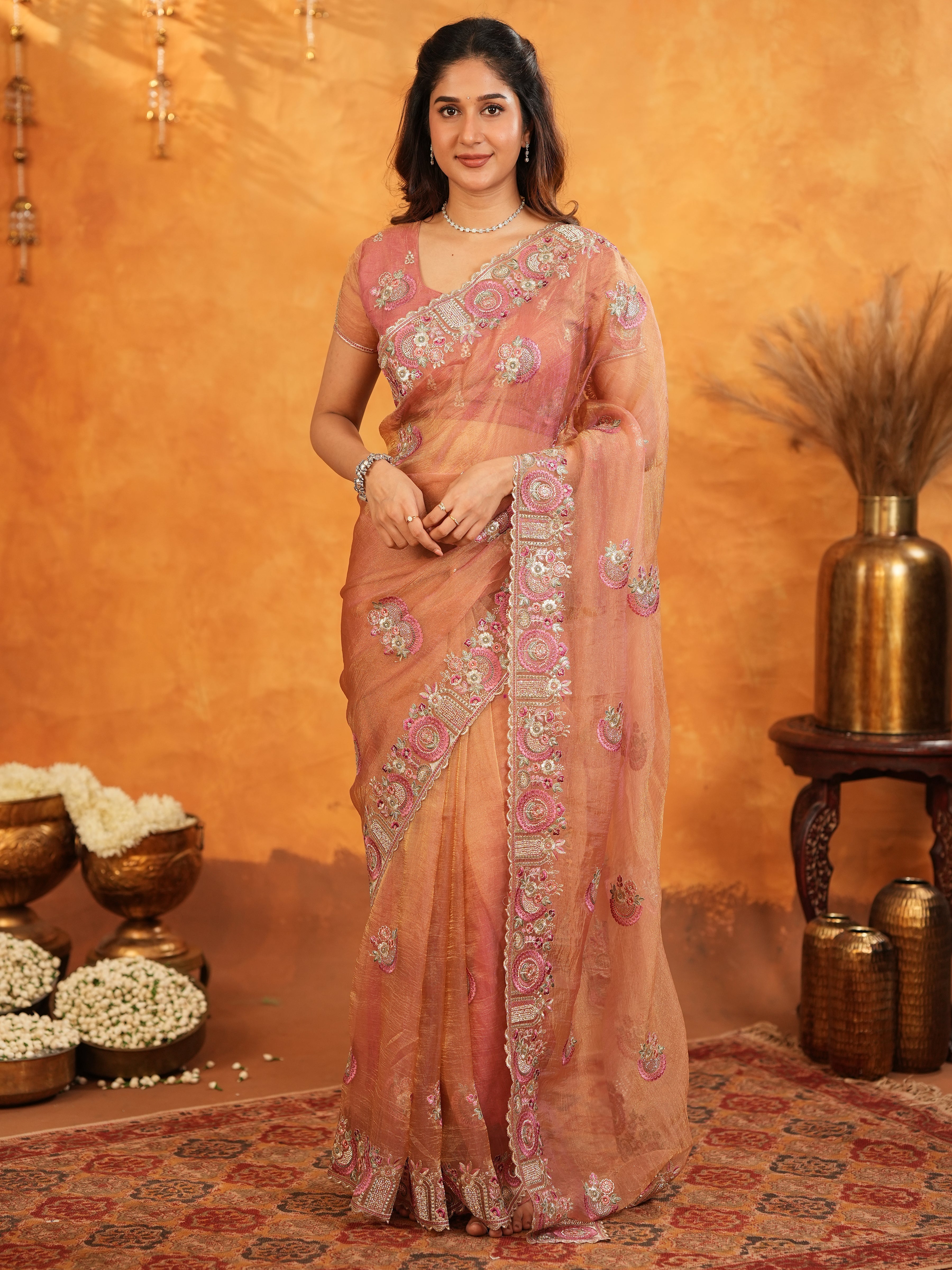 Peach Blush Fendy Satin Embroidered Saree with Multicolor Floral Border & Tassels | Elegant Designer Saree with Heavy Embroidered Blouse