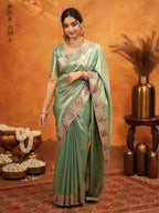 Sea Green Banarasi Silk Embroidered Saree with Paisley Border & Zari Weaving | Heavy Embroidered Blouse with Tassels | Wedding & Festive Wear Saree