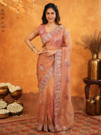 Peach Blush Fendy Satin Embroidered Saree with Multicolor Floral Border & Tassels | Elegant Designer Saree with Heavy Embroidered Blouse