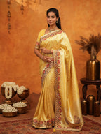 Royal Mustard Yellow Banarasi Silk Saree with Peacock Floral Embroidered Border & Zari Weaving | Festive Wedding Wear Designer Saree