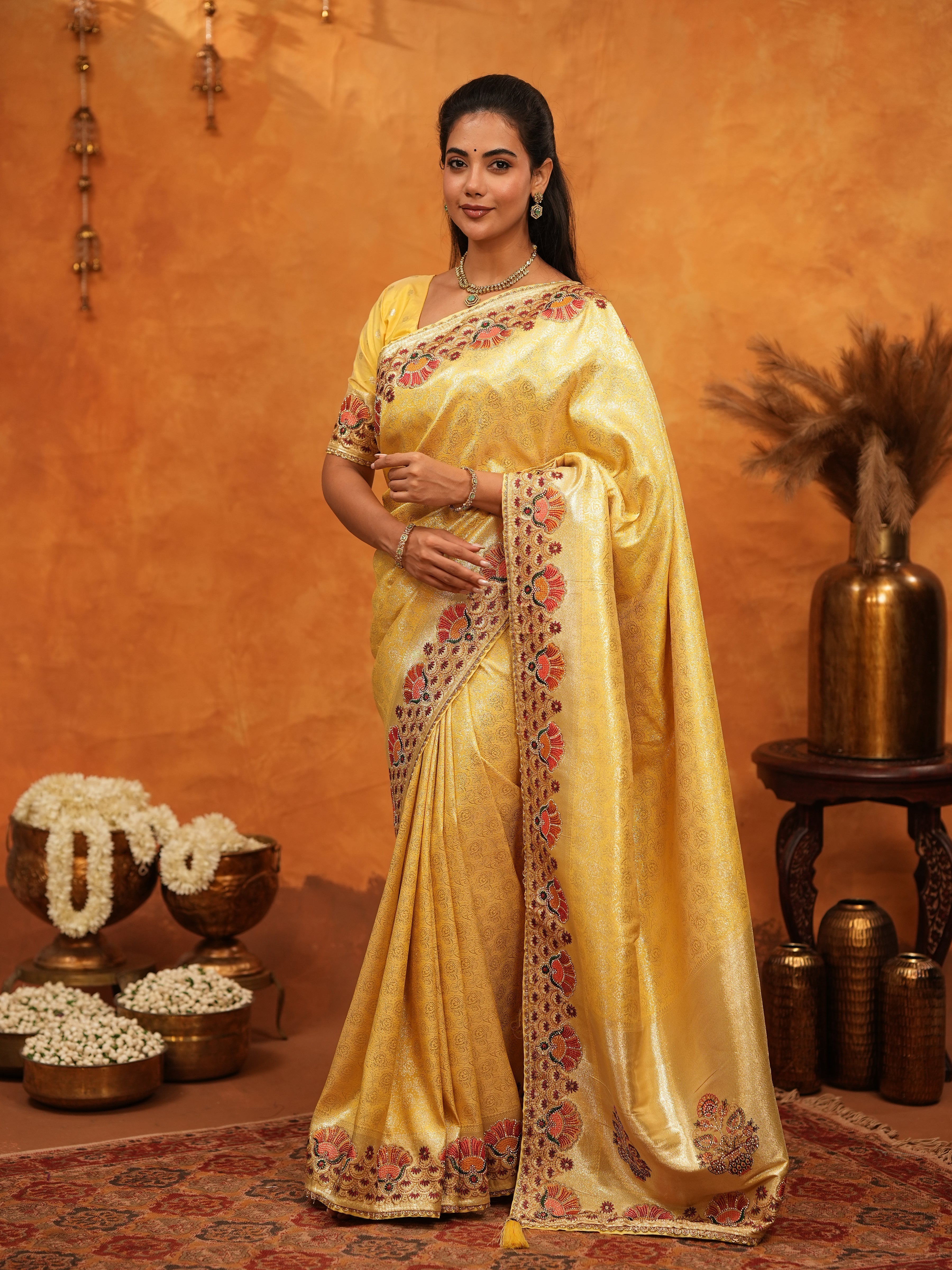 Royal Mustard Yellow Banarasi Silk Saree with Peacock Floral Embroidered Border & Zari Weaving | Festive Wedding Wear Designer Saree