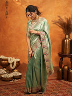 Sea Green Banarasi Silk Embroidered Saree with Paisley Border & Zari Weaving | Heavy Embroidered Blouse with Tassels | Wedding & Festive Wear Saree