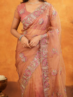 Peach Blush Fendy Satin Embroidered Saree with Multicolor Floral Border & Tassels | Elegant Designer Saree with Heavy Embroidered Blouse