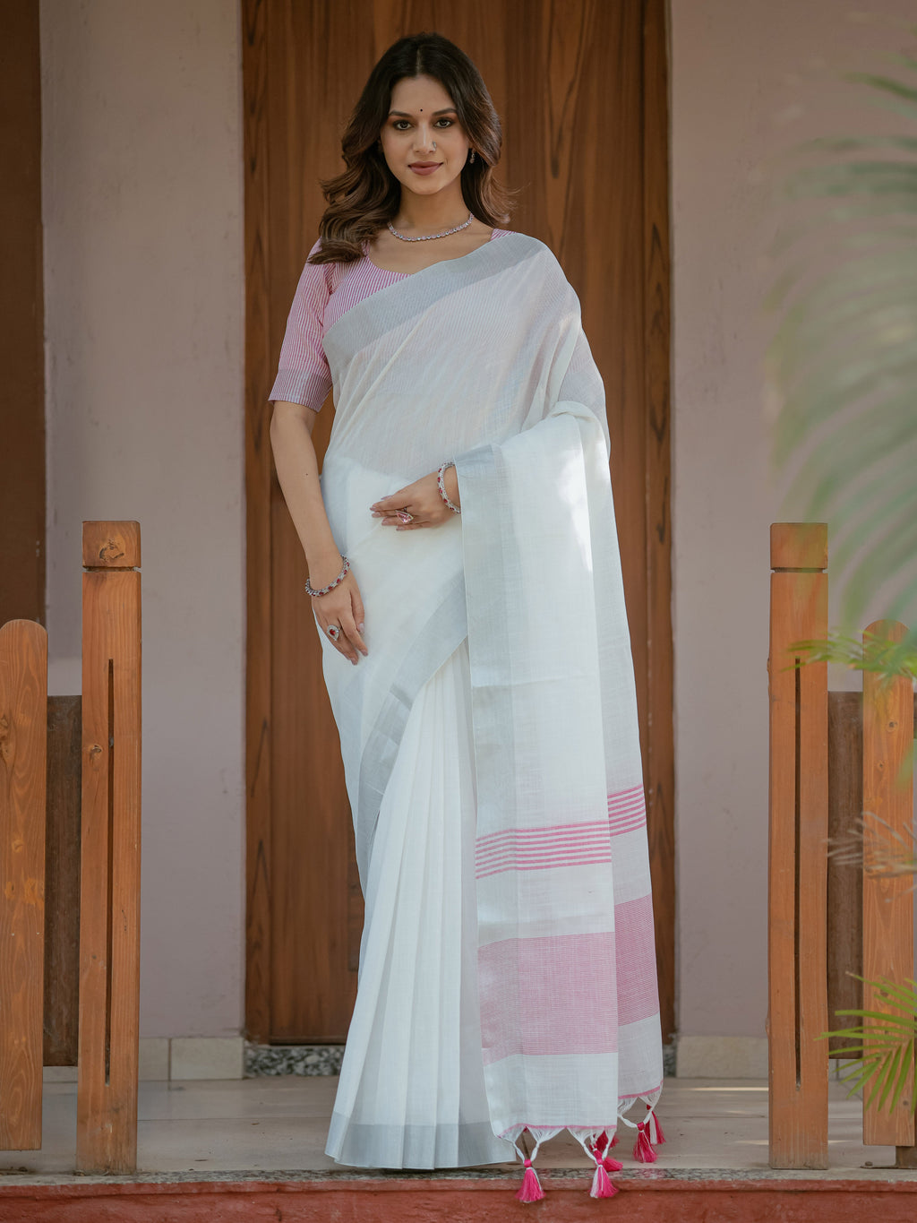 Pure White & Blush Pink Handloom Cotton Saree with Minimal Striped Border & Tassel Detailing