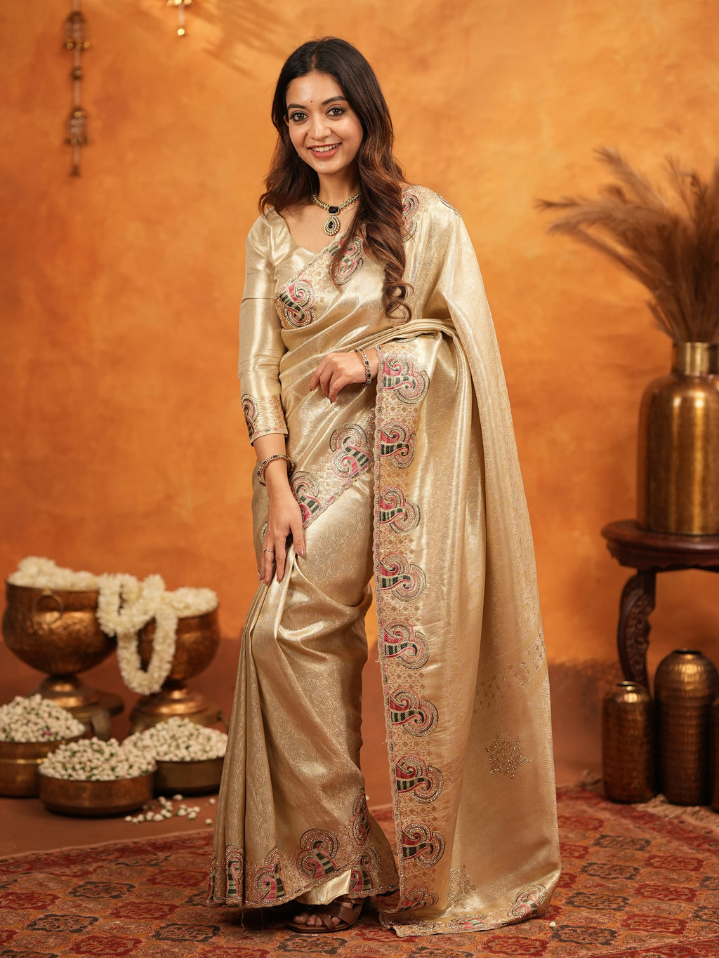 Champagne Gold Banarasi Silk Embroidered Saree with Paisley Border & Zari Weaving | Heavy Embroidered Blouse with Tassels | Wedding & Festive Wear Saree