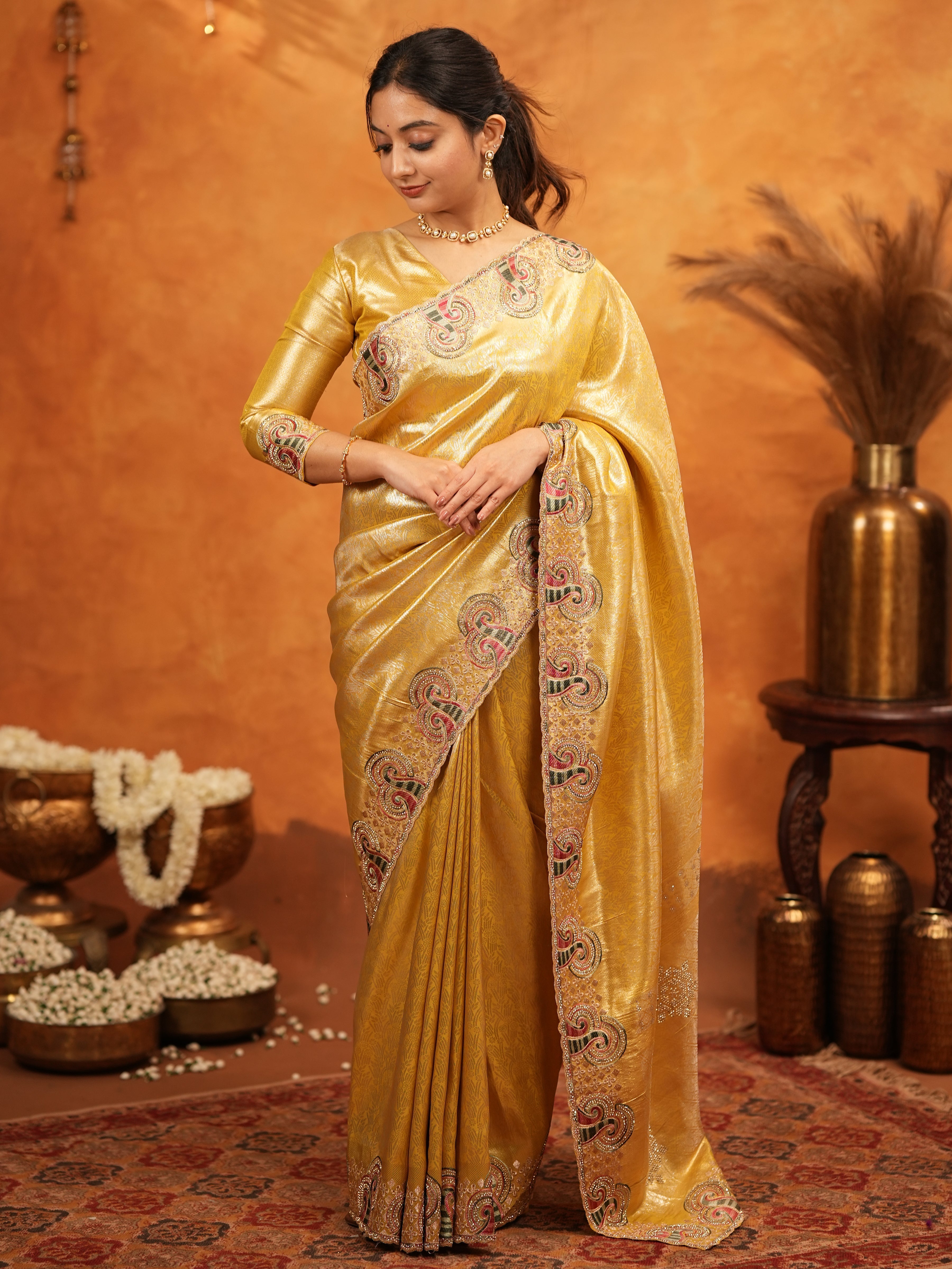 Golden Yellow Banarasi Silk Embroidered Saree with Paisley Border & Zari Weaving | Heavy Embroidered Blouse with Tassels | Wedding & Festive Wear Saree