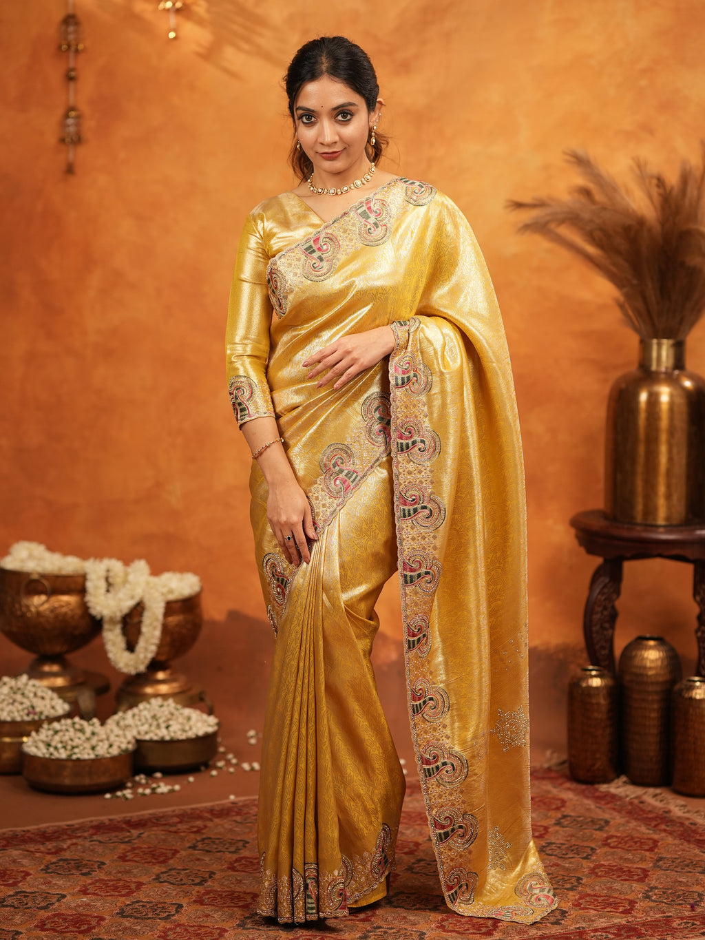 Golden Yellow Banarasi Silk Embroidered Saree with Paisley Border & Zari Weaving | Heavy Embroidered Blouse with Tassels | Wedding & Festive Wear Saree