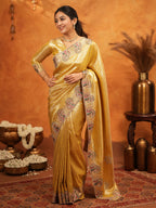 Golden Yellow Banarasi Silk Embroidered Saree with Paisley Border & Zari Weaving | Heavy Embroidered Blouse with Tassels | Wedding & Festive Wear Saree