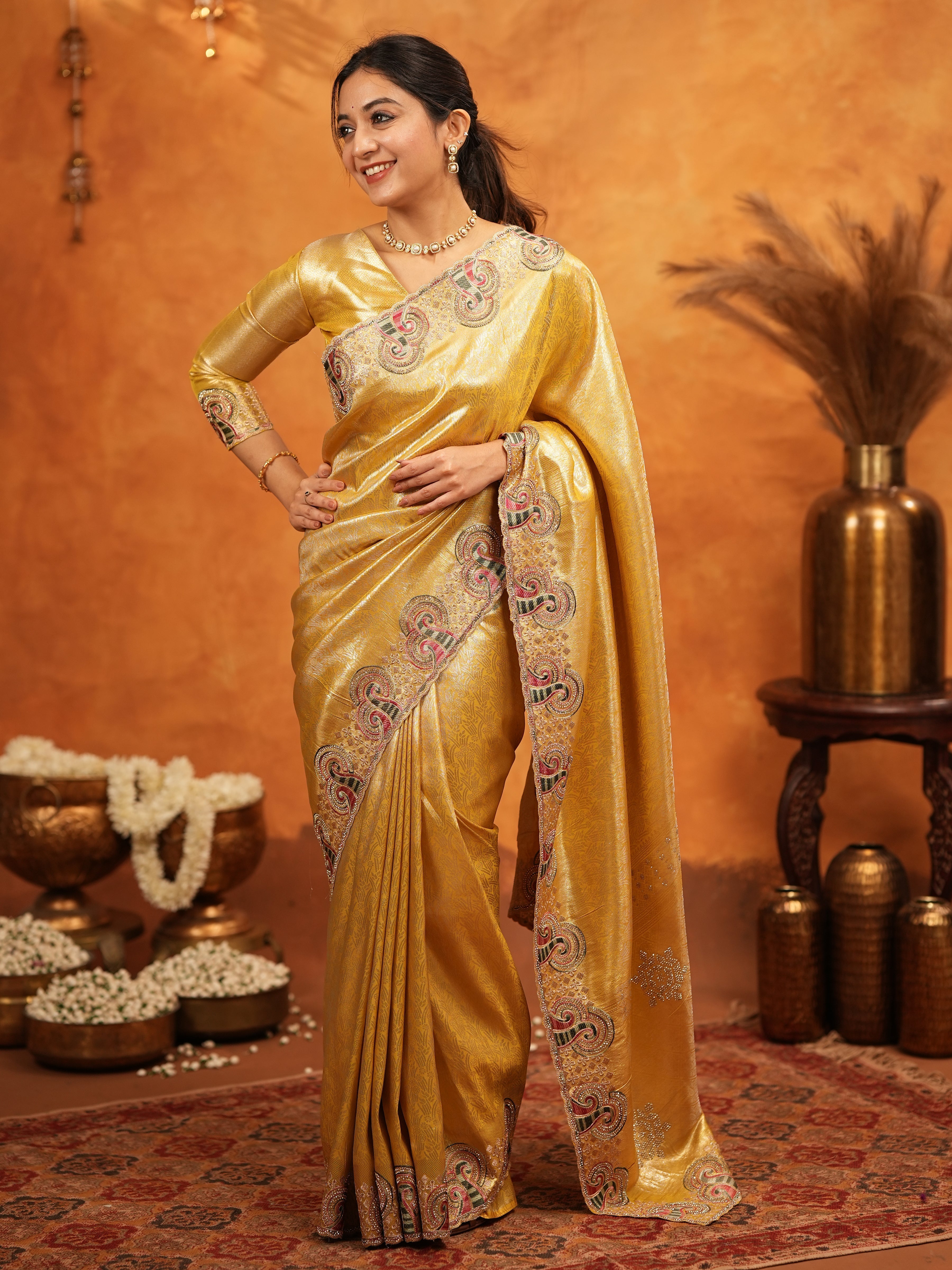 Golden Yellow Banarasi Silk Embroidered Saree with Paisley Border & Zari Weaving | Heavy Embroidered Blouse with Tassels | Wedding & Festive Wear Saree