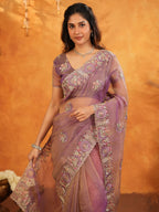 Lavender Mauve Fendy Satin Embroidered Saree with Multicolor Floral Border & Tassels | Premium Designer Saree with Heavy Embroidered Blouse