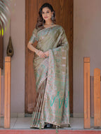 Elegant Olive Gold Banarasi Silk Saree with Intricate Paisley Zari Weaving & Tassel Detailing