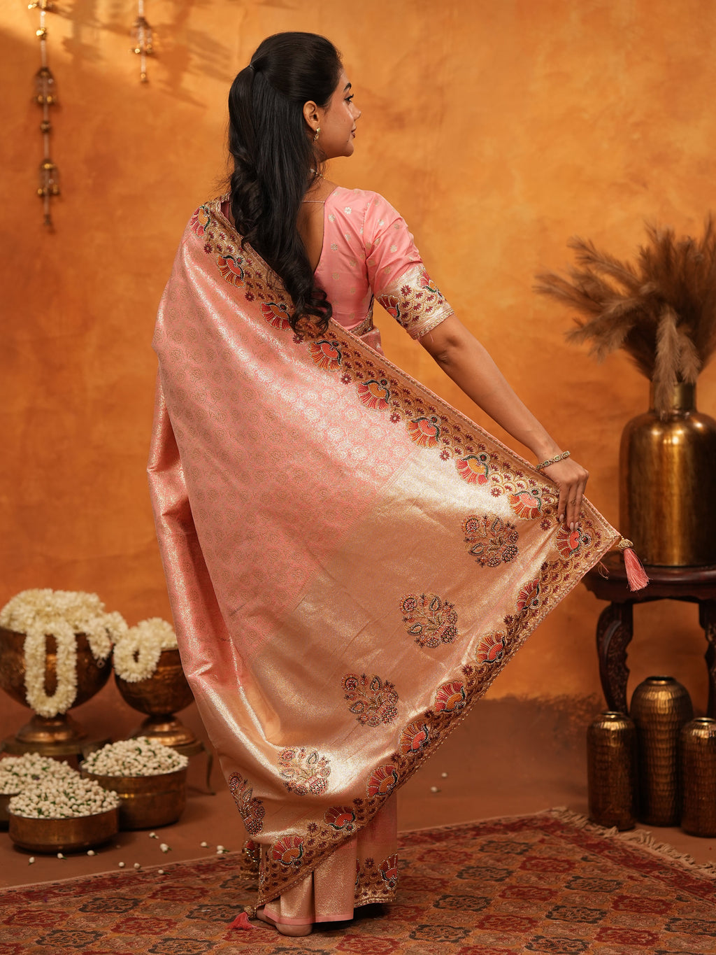 Soft Peach Pink Banarasi Silk Saree with Multicolor Peacock Floral Embroidered Border & Zari Weaving | Elegant Festive Wedding Wear Saree