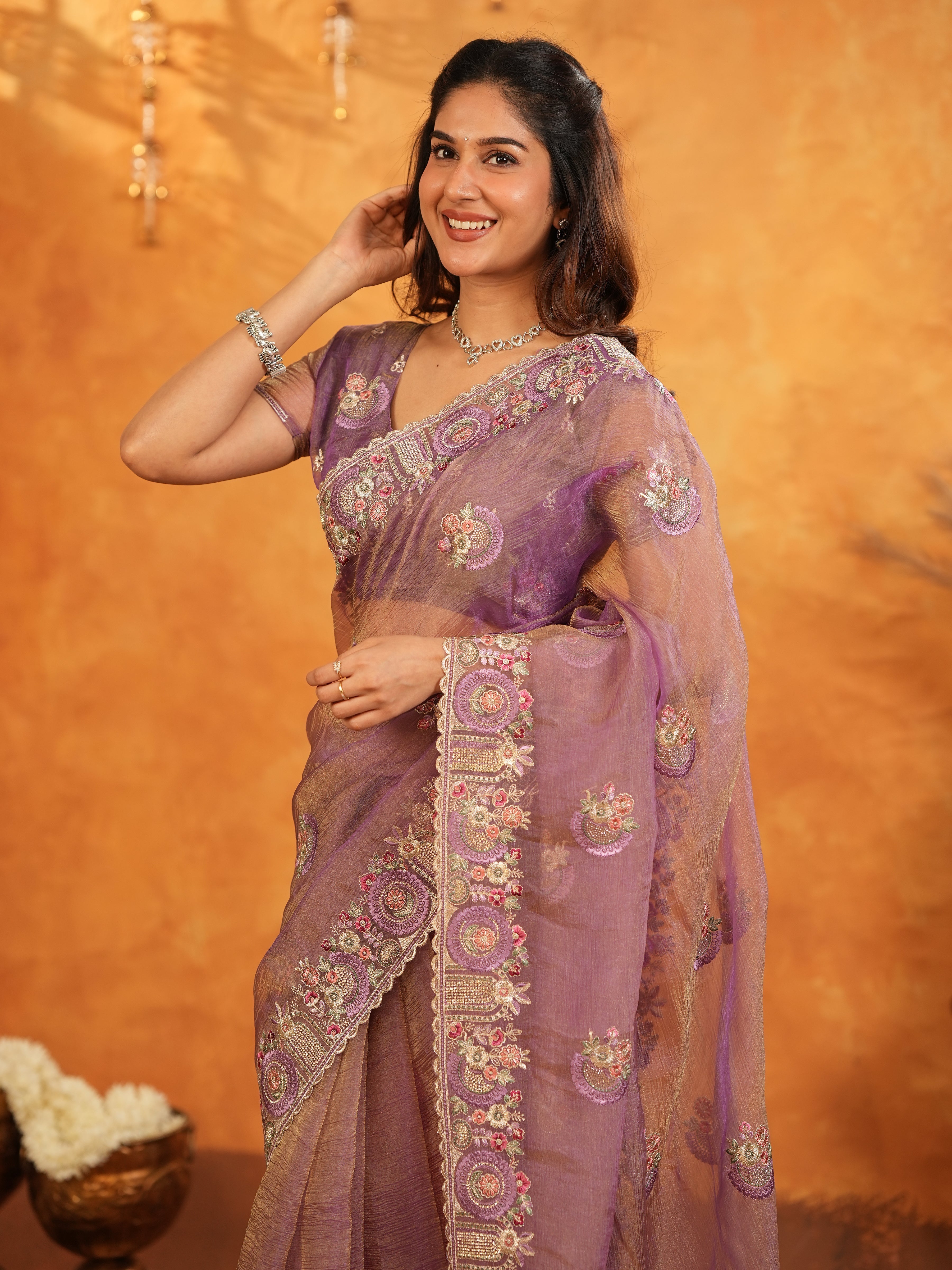 Lavender Mauve Fendy Satin Embroidered Saree with Multicolor Floral Border & Tassels | Premium Designer Saree with Heavy Embroidered Blouse