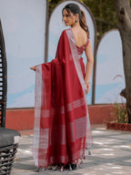 Elegant Wine Red Pure Handloom Cotton Saree with Silver Border & Tassel Detailing