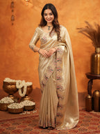 Champagne Gold Banarasi Silk Embroidered Saree with Paisley Border & Zari Weaving | Heavy Embroidered Blouse with Tassels | Wedding & Festive Wear Saree