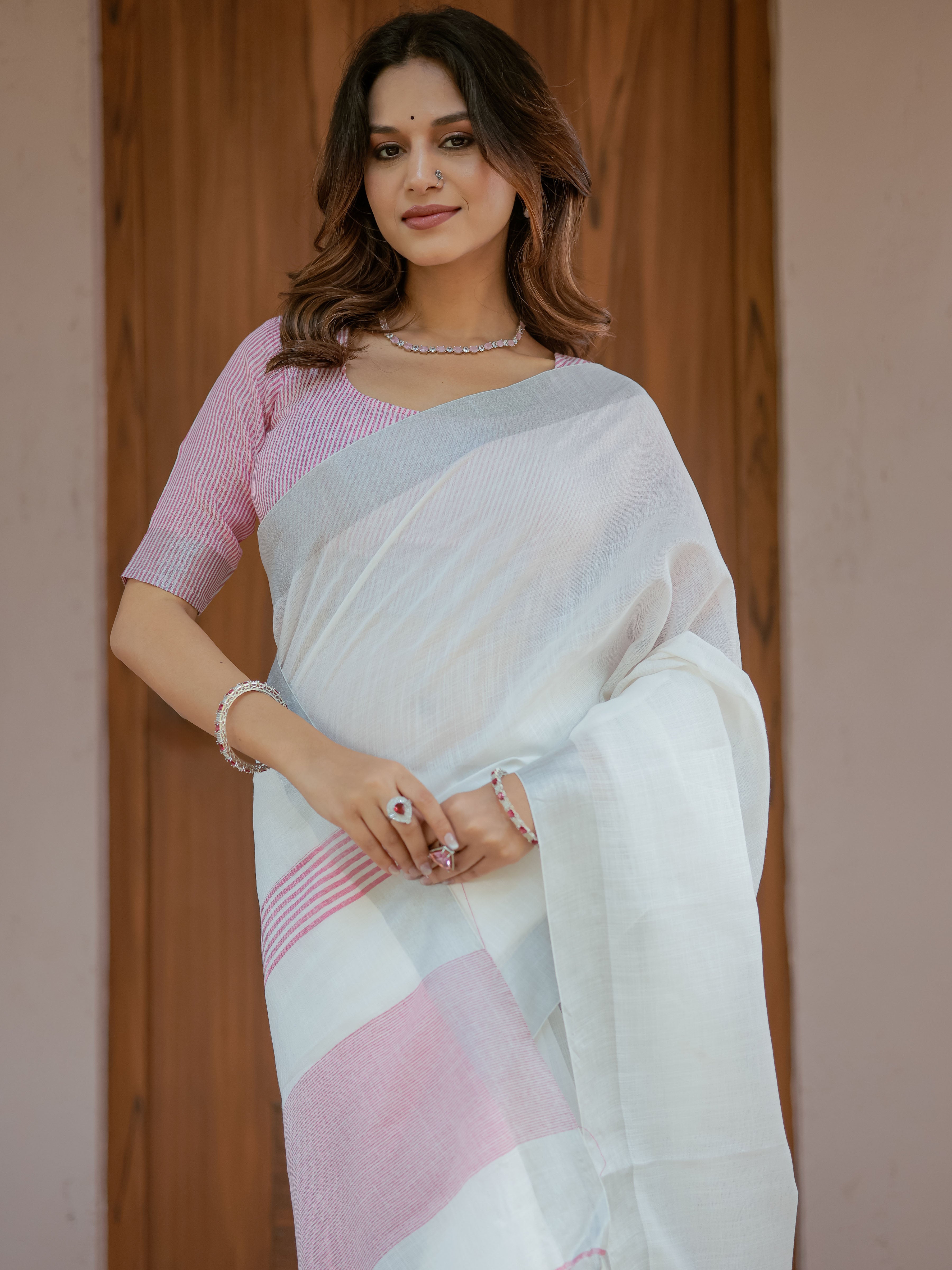 Pure White & Blush Pink Handloom Cotton Saree with Minimal Striped Border & Tassel Detailing