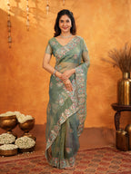Teal Green Fendy Satin Embroidered Saree with Multicolor Floral Border & Tassels | Premium Designer Saree with Heavy Embroidered Blouse