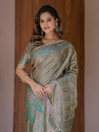 Elegant Olive Gold Banarasi Silk Saree with Intricate Paisley Zari Weaving & Tassel Detailing