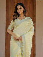 Sunshine Yellow Pure Handloom Cotton Saree with Subtle Striped Weaving & Tassel Detailing