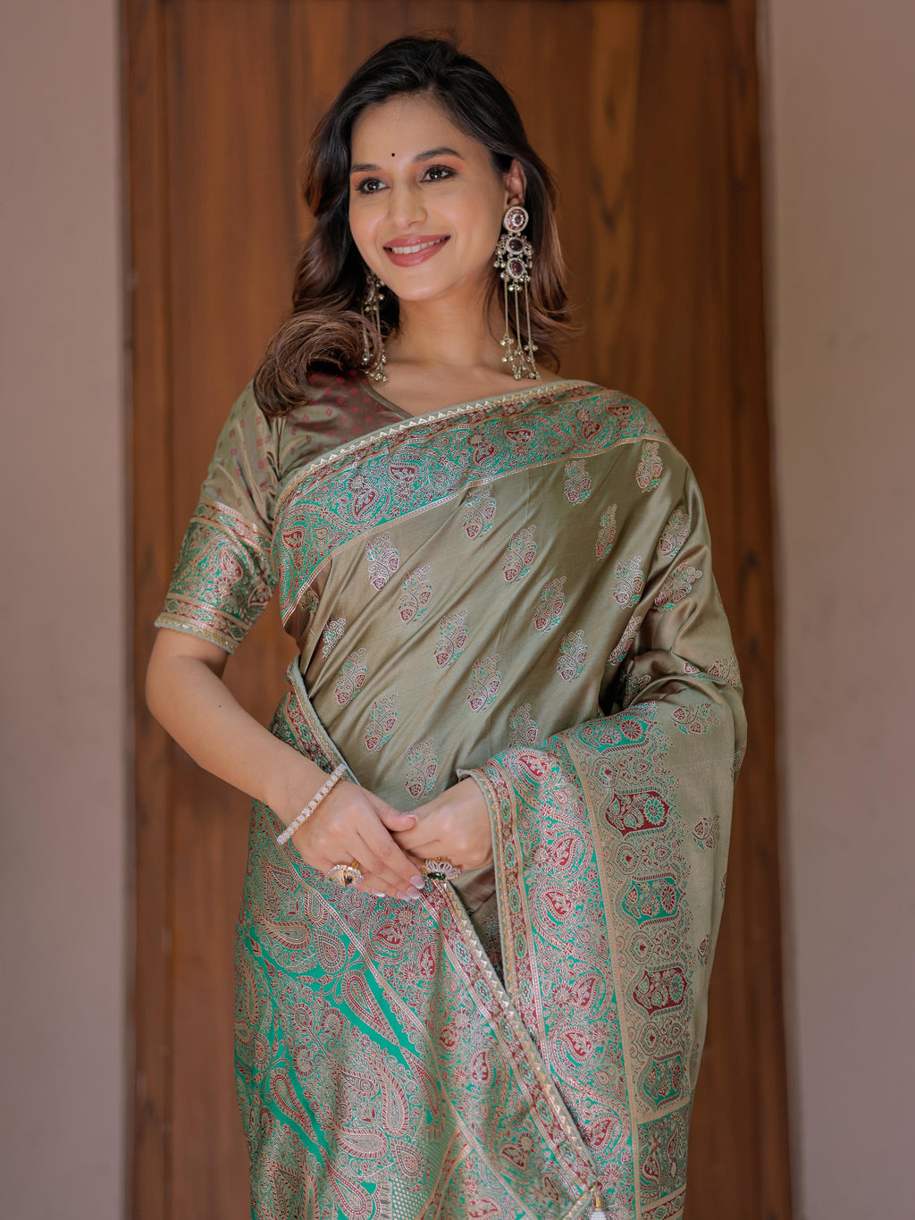Elegant Olive Gold Banarasi Silk Saree with Intricate Paisley Zari Weaving & Tassel Detailing