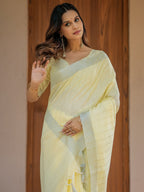Sunshine Yellow Pure Handloom Cotton Saree with Subtle Striped Weaving & Tassel Detailing