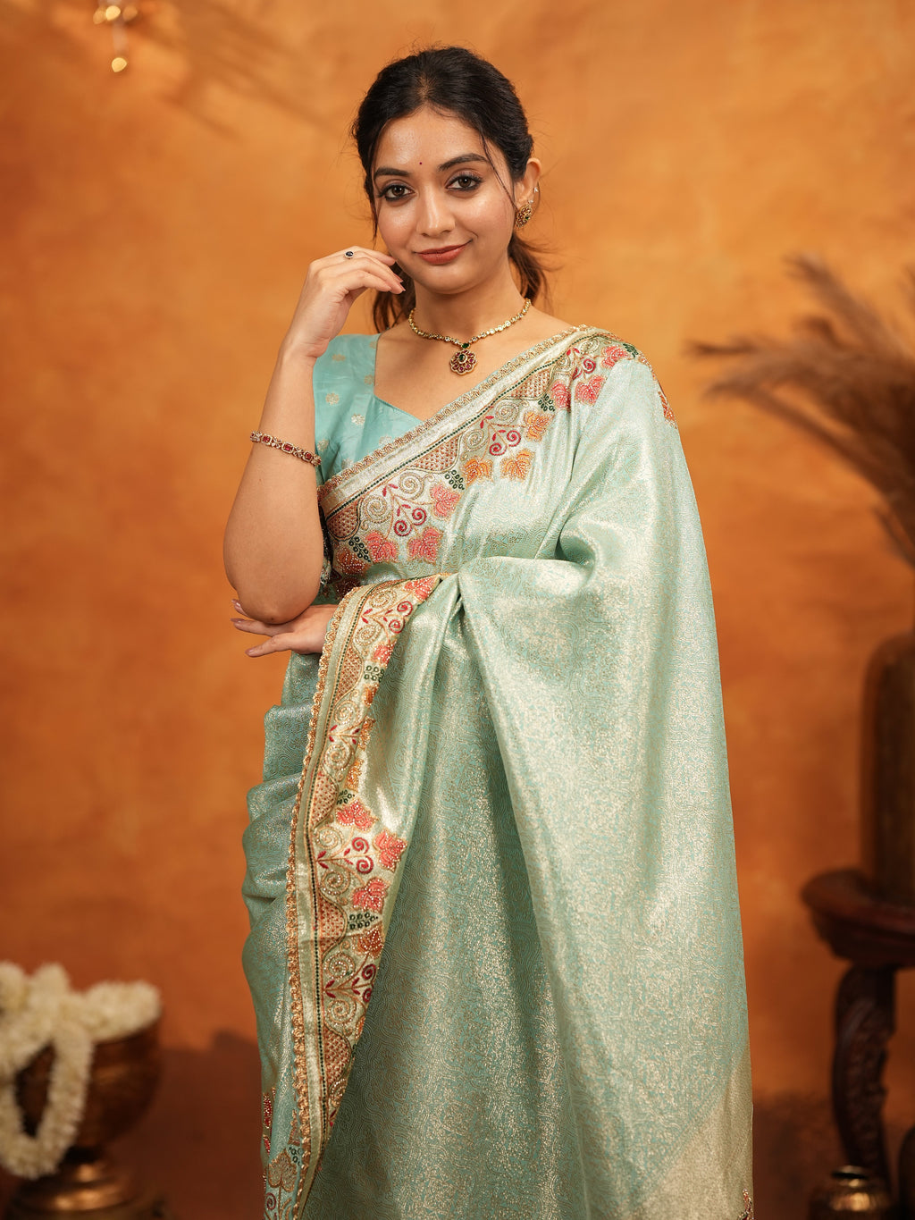 Mint Green Banarasi Silk Embroidered Saree with Multicolor Floral Border & Zari Weaving | Heavy Embroidered Blouse with Tassels | Wedding & Festive Wear Saree