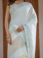Pure White & Mustard Gold Handloom Cotton Saree with Minimal Striped Border & Tassel Detailing