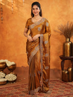 Antique Copper Brown Fendy Satin Embroidered Saree with Elegant Floral Border & Tassels | Designer Saree with Heavy Embroidered Blouse