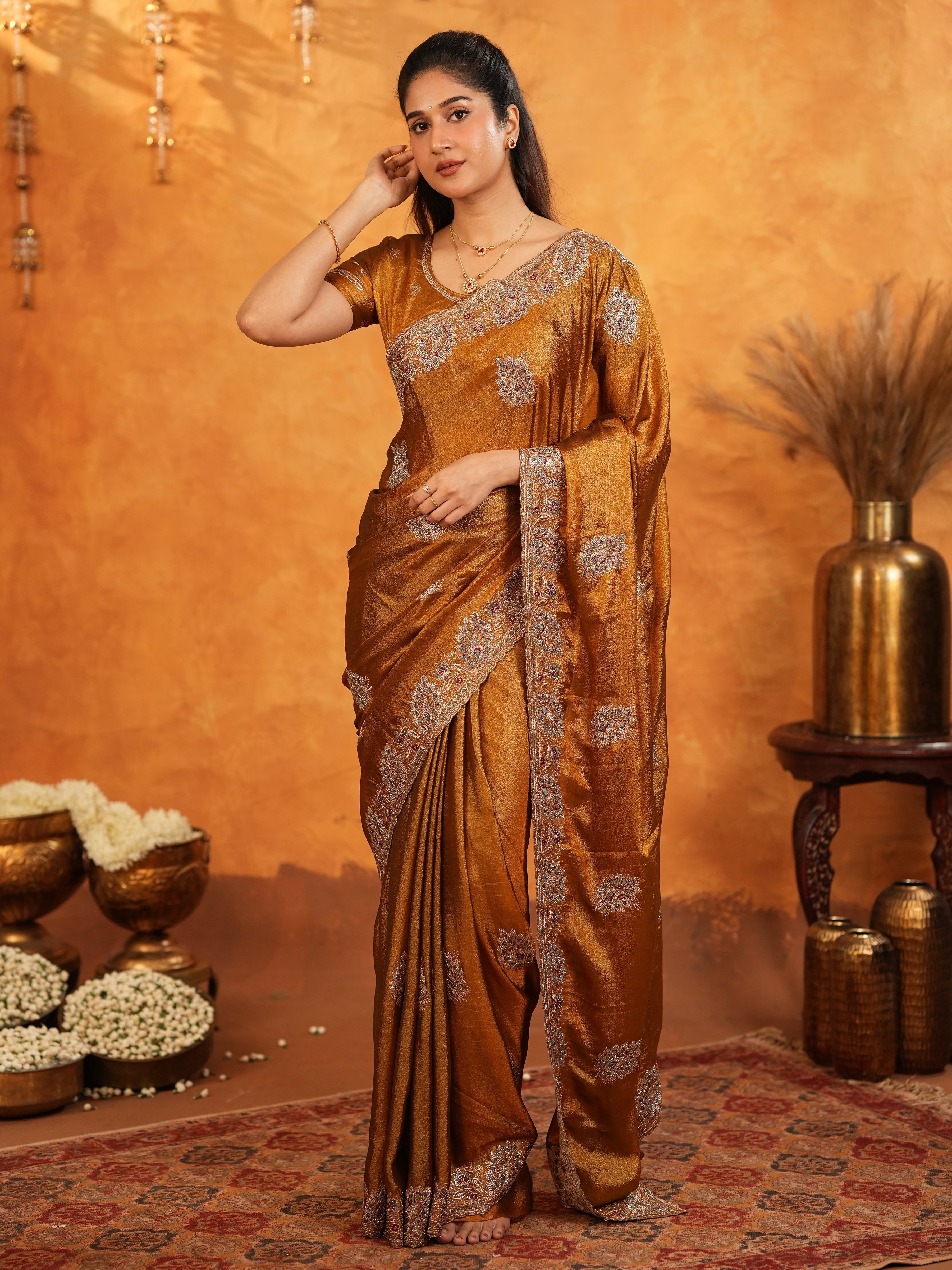 Antique Copper Brown Fendy Satin Embroidered Saree with Elegant Floral Border & Tassels | Designer Saree with Heavy Embroidered Blouse