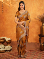 Antique Copper Brown Fendy Satin Embroidered Saree with Elegant Floral Border & Tassels | Designer Saree with Heavy Embroidered Blouse