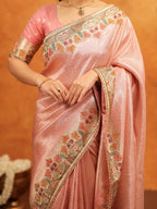 Blush Pink Banarasi Silk Embroidered Saree with Multicolor Floral Border & Zari Weaving | Heavy Embroidered Blouse with Tassels | Wedding & Festive Wear Saree