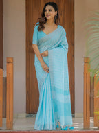 Aqua Blue Pure Handloom Cotton Saree with Striped Weaving & Tassel Detailing