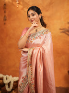 Blush Pink Banarasi Silk Embroidered Saree with Multicolor Floral Border & Zari Weaving | Heavy Embroidered Blouse with Tassels | Wedding & Festive Wear Saree