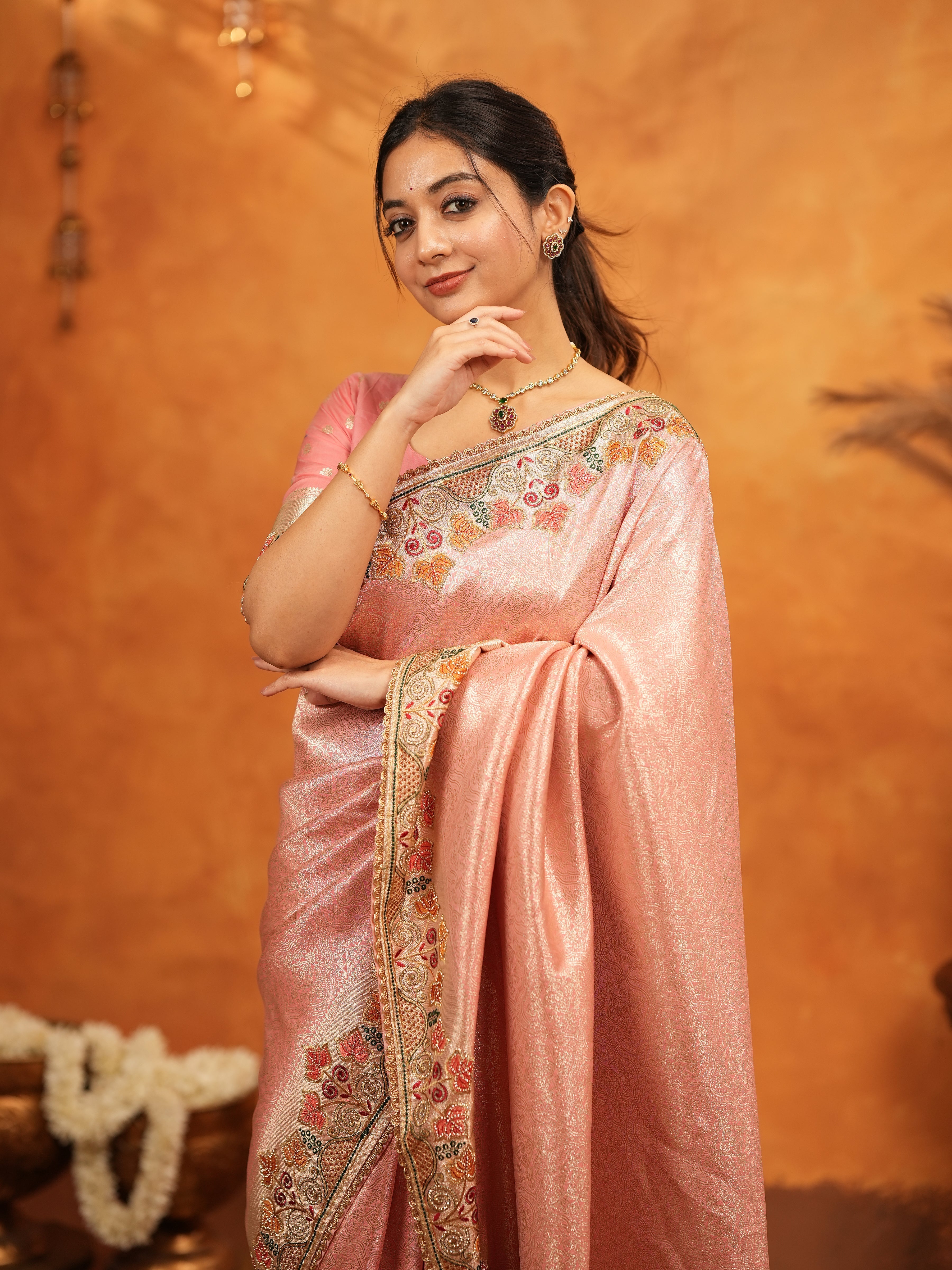 Blush Pink Banarasi Silk Embroidered Saree with Multicolor Floral Border & Zari Weaving | Heavy Embroidered Blouse with Tassels | Wedding & Festive Wear Saree