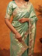 Elegant Mint Green Banarasi Silk Saree with Floral Embroidered Border & Zari Weaving | Designer Festive & Wedding Wear Saree