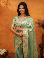 Elegant Mint Green Banarasi Silk Saree with Floral Embroidered Border & Zari Weaving | Designer Festive & Wedding Wear Saree
