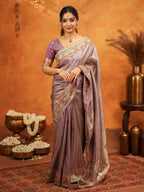 Dusty Mauve Banarasi Silk Embroidered Saree with Multicolor Floral Border & Zari Weaving | Heavy Embroidered Blouse with Tassels | Wedding & Festive Wear Saree