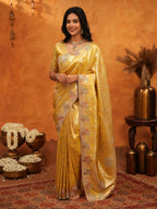 Rich Mustard Gold Banarasi Silk Saree with Elegant Floral Embroidered Border & Zari Weaving | Premium Festive Wedding Wear Saree