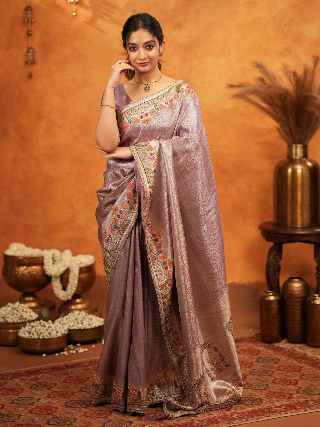 Dusty Mauve Banarasi Silk Embroidered Saree with Multicolor Floral Border & Zari Weaving | Heavy Embroidered Blouse with Tassels | Wedding & Festive Wear Saree
