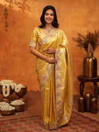 Rich Mustard Gold Banarasi Silk Saree with Elegant Floral Embroidered Border & Zari Weaving | Premium Festive Wedding Wear Saree
