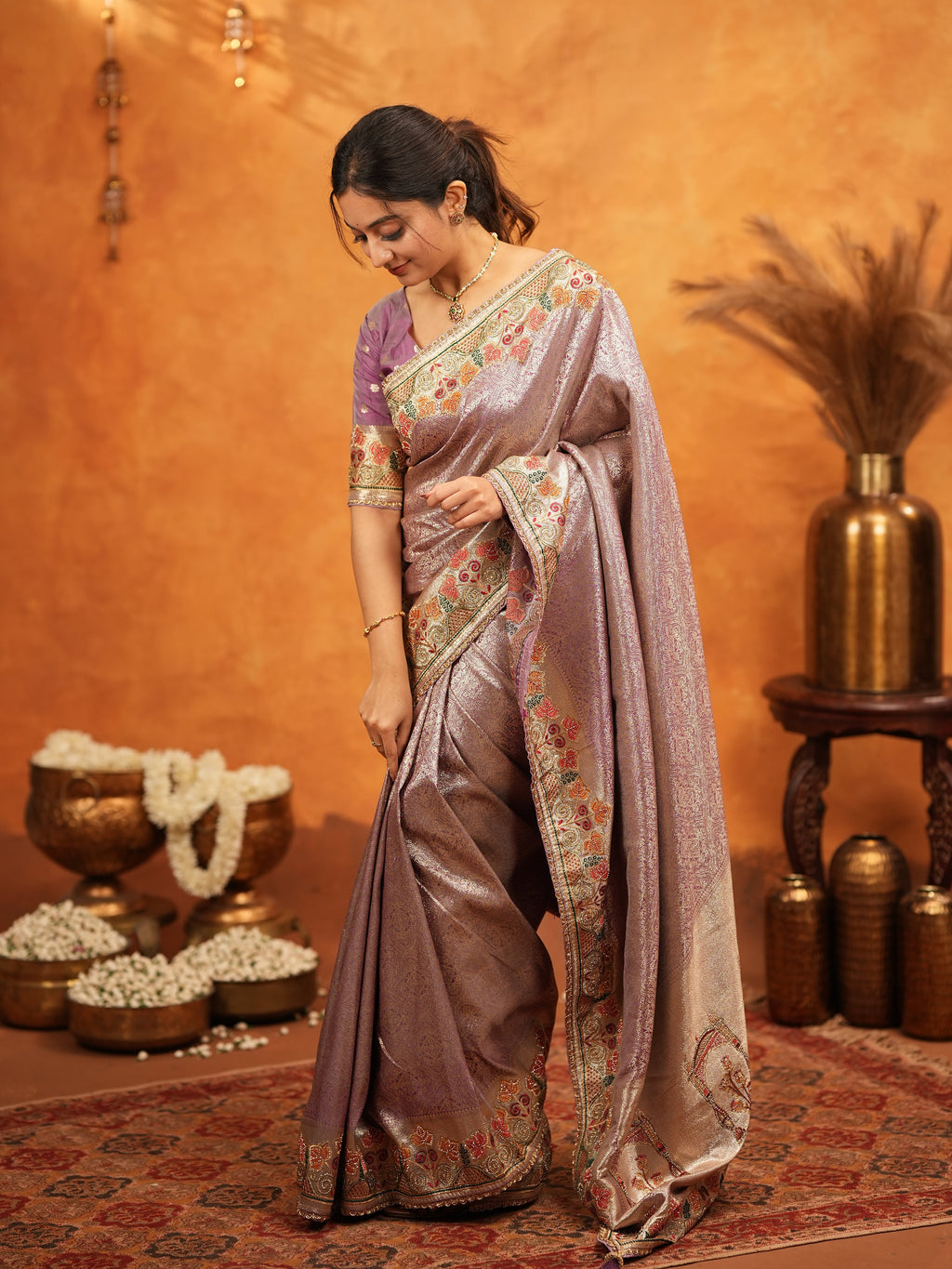 Dusty Mauve Banarasi Silk Embroidered Saree with Multicolor Floral Border & Zari Weaving | Heavy Embroidered Blouse with Tassels | Wedding & Festive Wear Saree
