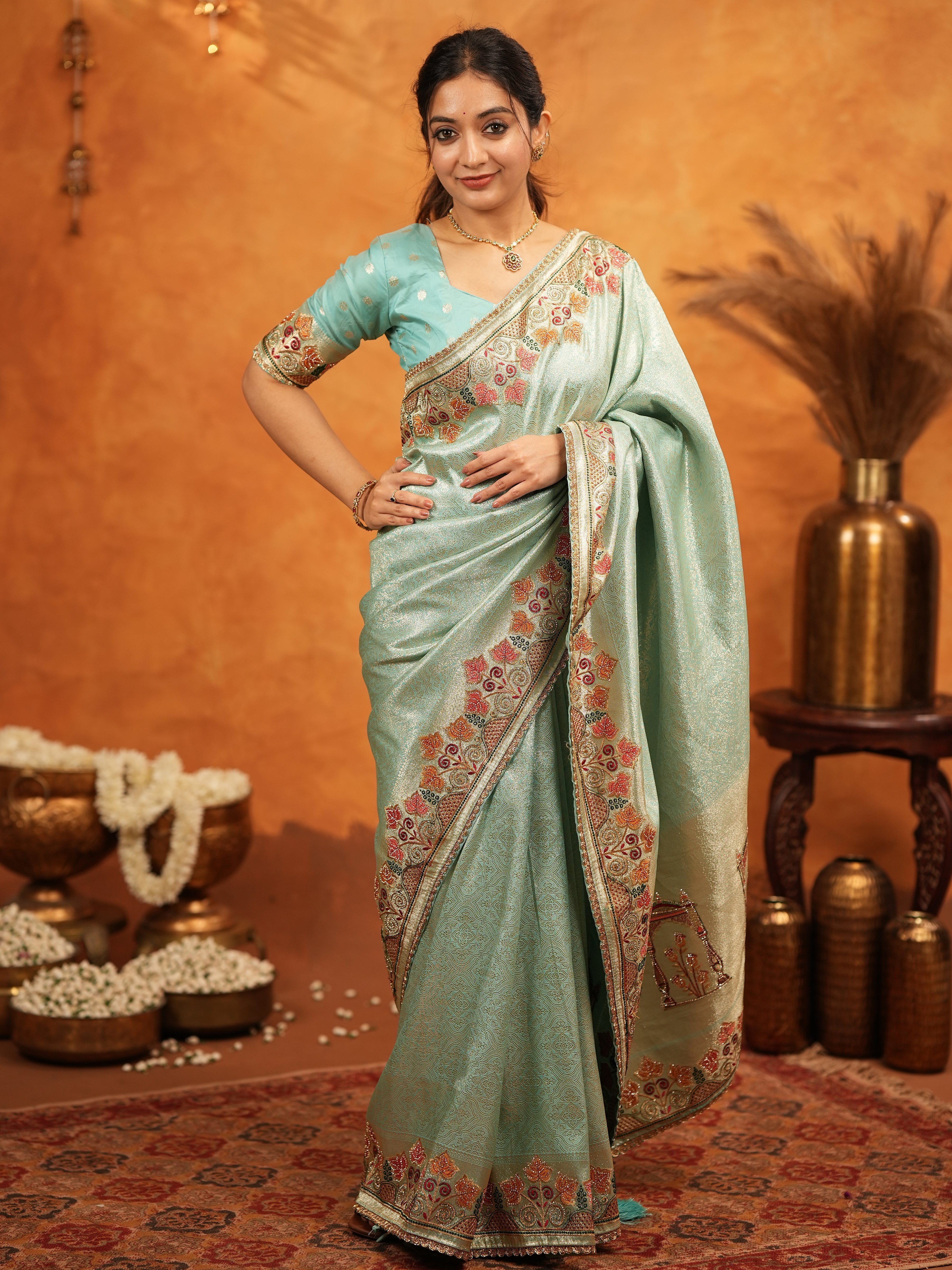 Mint Green Banarasi Silk Embroidered Saree with Multicolor Floral Border & Zari Weaving | Heavy Embroidered Blouse with Tassels | Wedding & Festive Wear Saree