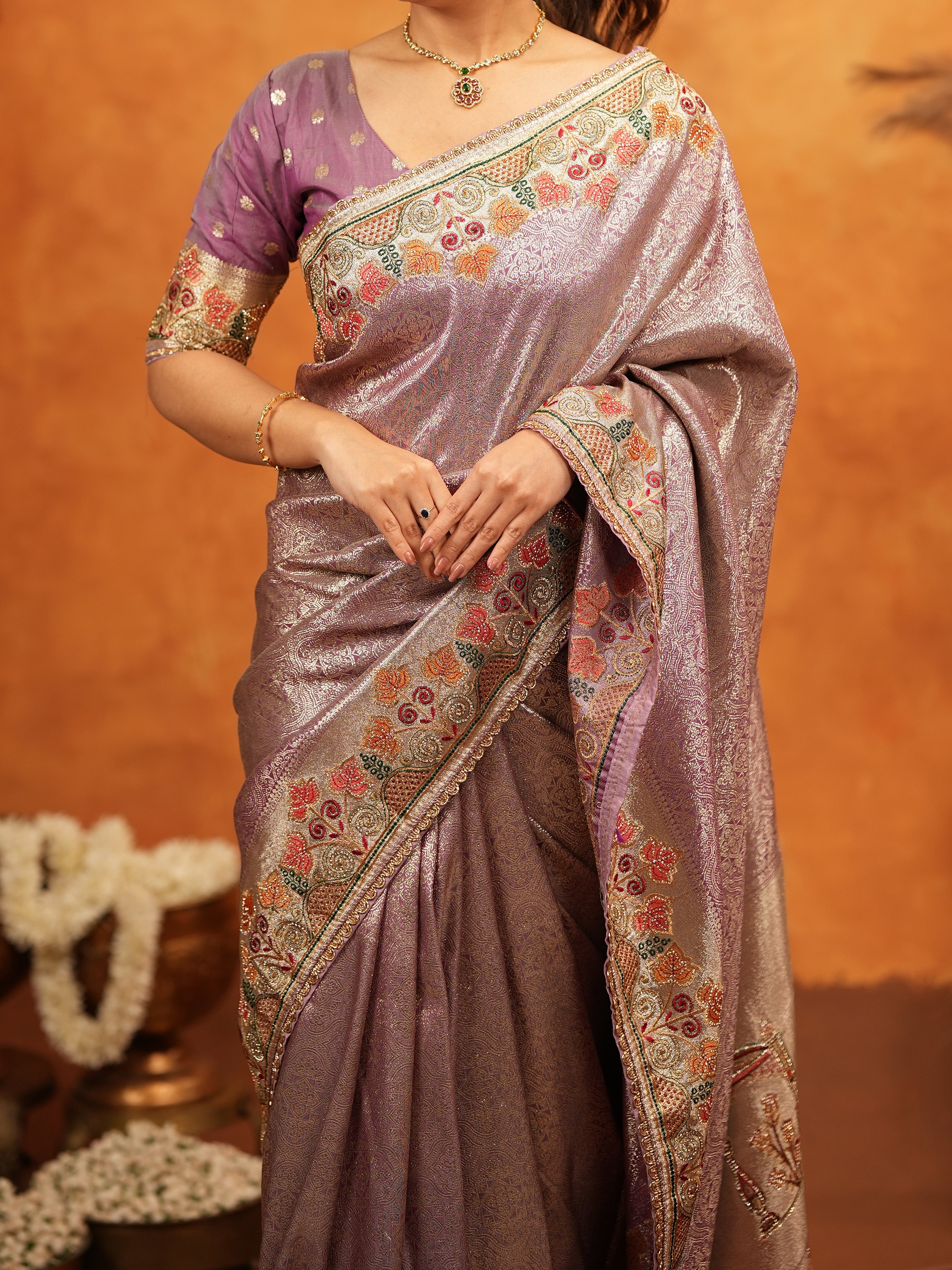 Dusty Mauve Banarasi Silk Embroidered Saree with Multicolor Floral Border & Zari Weaving | Heavy Embroidered Blouse with Tassels | Wedding & Festive Wear Saree