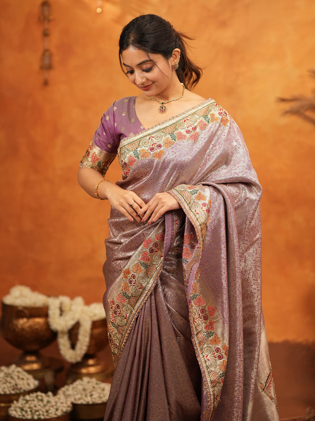 Dusty Mauve Banarasi Silk Embroidered Saree with Multicolor Floral Border & Zari Weaving | Heavy Embroidered Blouse with Tassels | Wedding & Festive Wear Saree